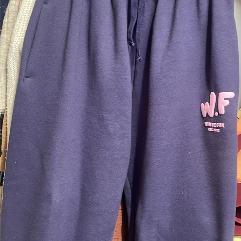 White Fox Boutique Navy Sweatpants with Pink Logo